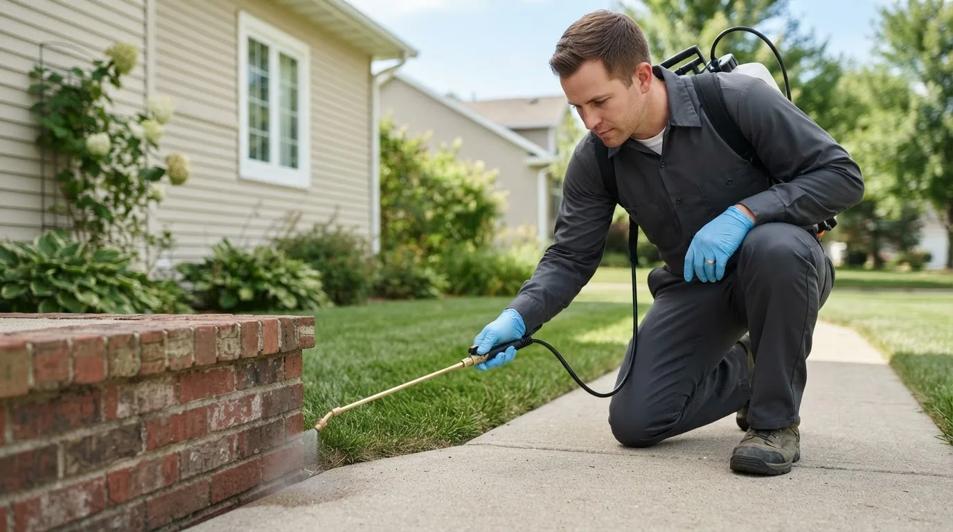 Pest control technician treating a home near Manor, TX